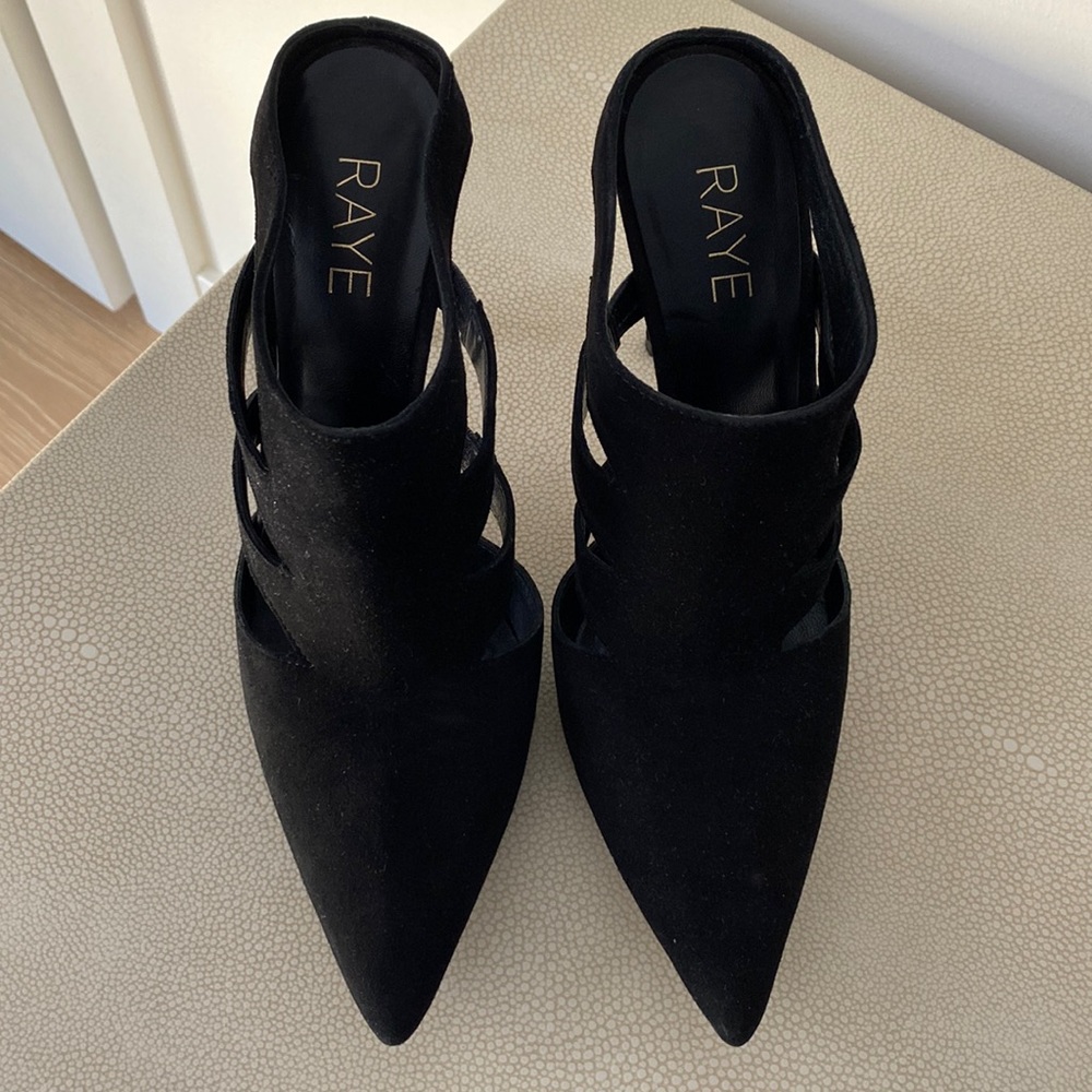RAYE THE LABEL CUT OUT BLACK SUEDE MULE HEELS, SIZE 8.5